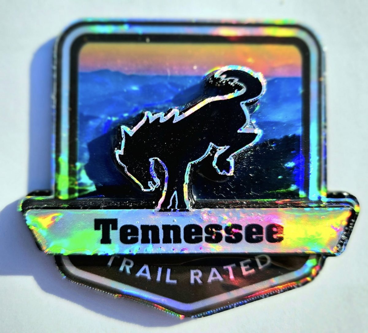 Tennessee Trail Rated Bronco Medallion in sunlight zoomed from distance